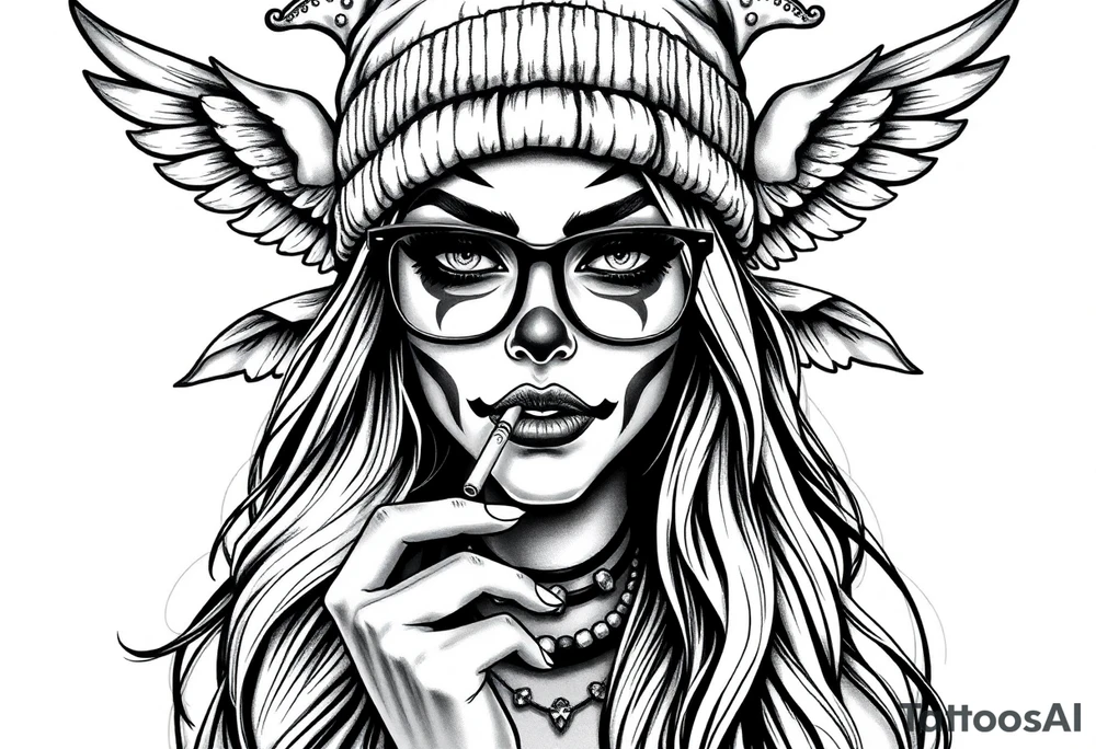 Chicana sexy beautiful long hair clown makeup angel wings thug beanie eyeglasses smoking a cigarette tattoo idea