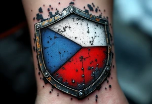 A Czech flag shield with metallic engravings, creating an antique, battle-worn effect in blue, white, and red. tattoo idea