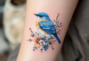 Puffy bluebird surrounded by wild flowers tattoo idea