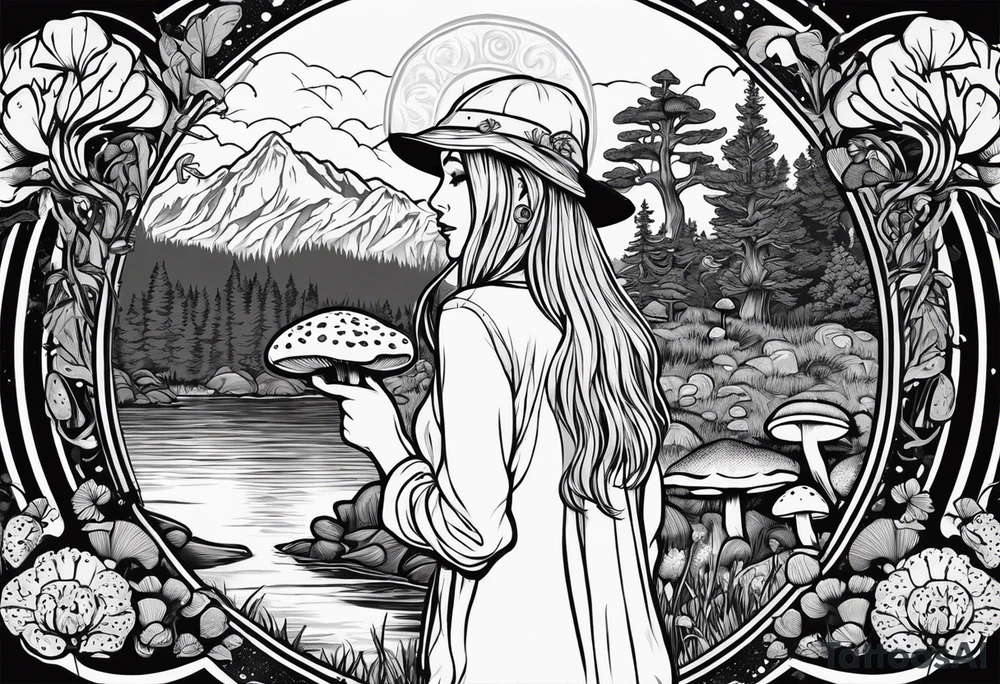 Whole picture encircled fully

Straight long blonde hair hippie girl in distance holding mushrooms in hand facing away toward mountains and creek surrounded by mushrooms long sleeve shirt and hiking pants; whole rendering within a full circle, no cut off circle tattoo idea
