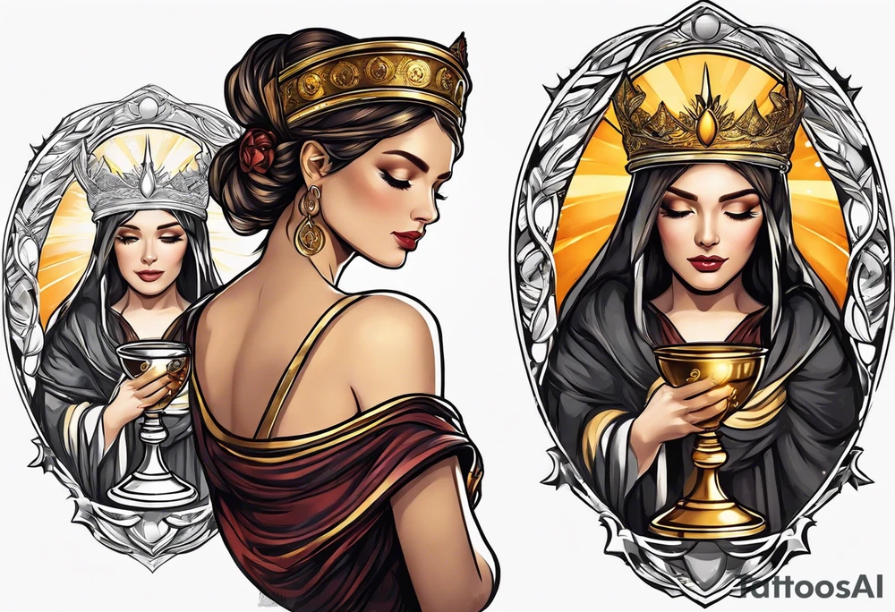woman saint holding chalice surrounded by golden halo portrait tattoo idea