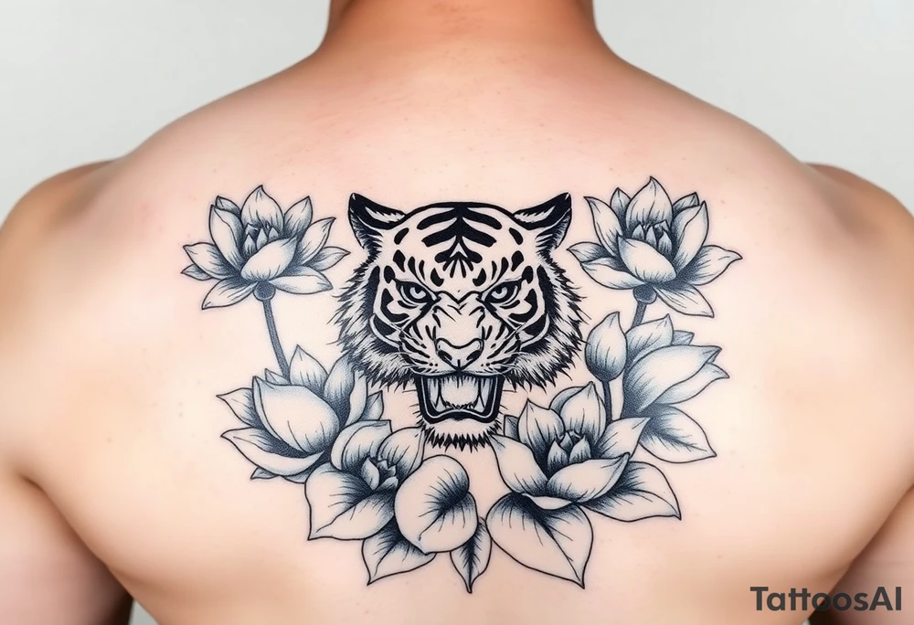 fierce tiger emerging through blooming lotus flowers in mist tattoo idea