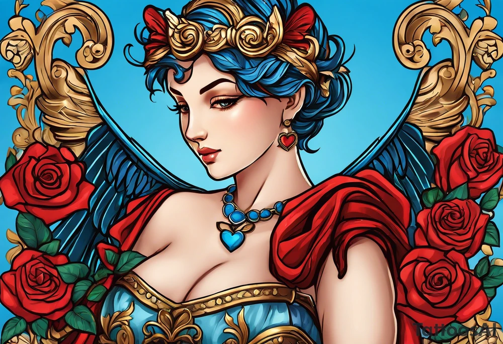 Cupio fly boy wings and a bow,, bacground sea ancient rome gods , blue roses frames, red heart bow tattoo idea
