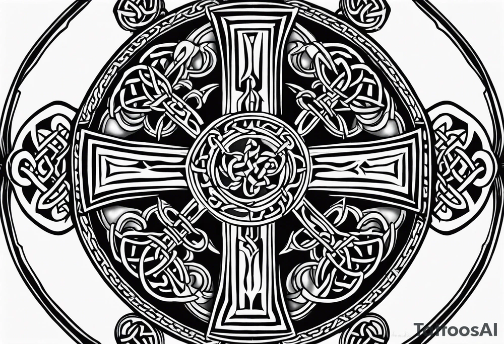 Celtic cross similar to Justin Timberlakes that incorporates firefighter traditional symbology tattoo idea