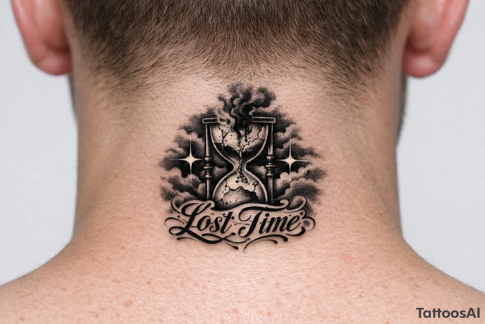 Black and grey realism tattoo design of a cracked, shattered hourglass centered in dark heavy clouds. Sand and dark smoke floating upward out of the glass. Custom gothic script lettering that says "Lost Time" wrapped around the base. Chicano style shading, deep blackwork background, sharp 4-point sparkle stars, high contrast, clean white background, tattoo stencil style. Put on the throat not the back of neck tattoo idea