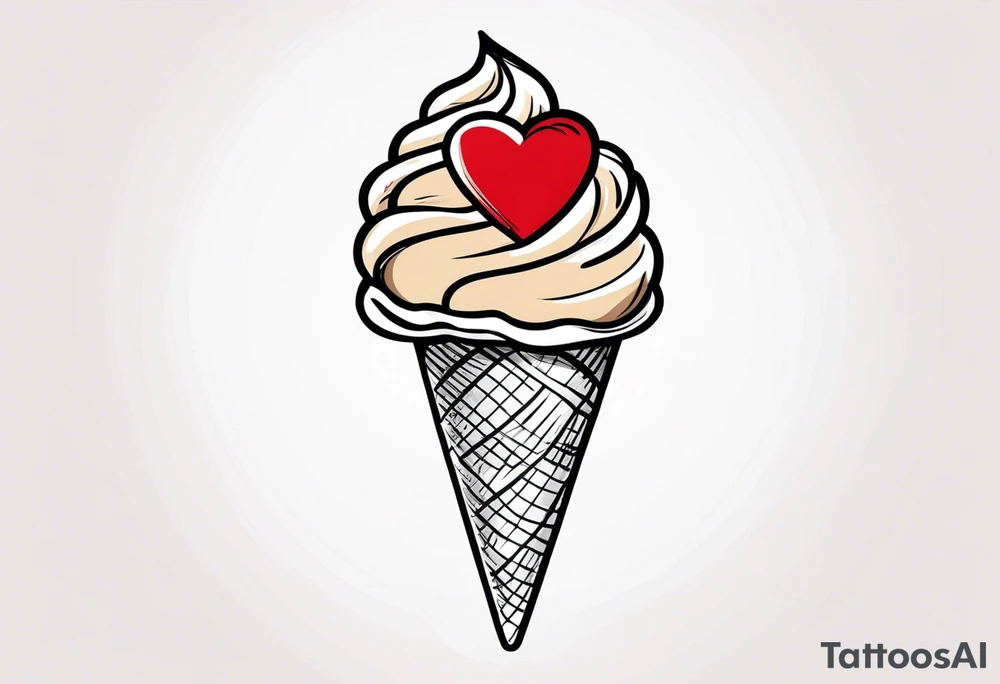 chocolate chip ice cream cone with one red heart tattoo idea