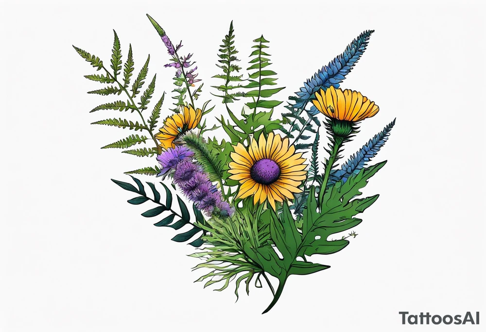 spread out mixed wildflower bouquet with ferns, thistle and with color and show the design on a leg tattoo idea