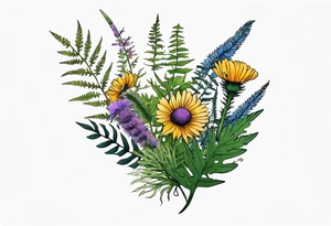 spread out mixed wildflower bouquet with ferns, thistle and with color and show the design on a leg tattoo idea