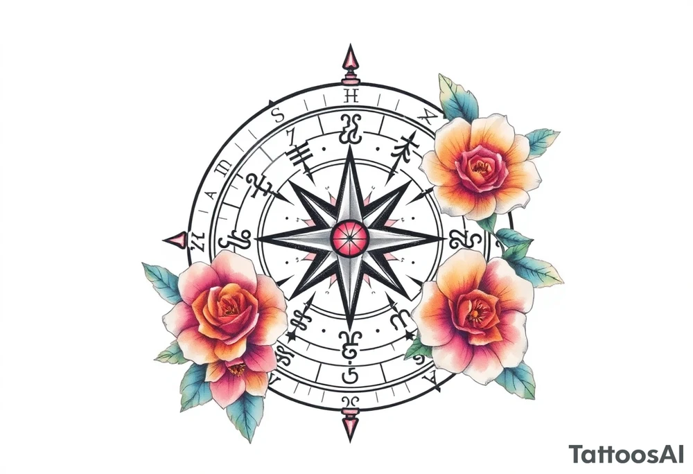 zodiac symbols the elements and Norse runes within ornate compass with roses lilly sunflowers tattoo idea