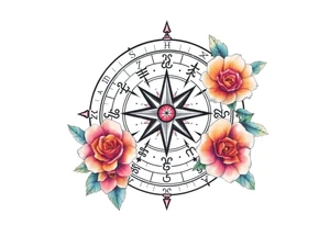 zodiac symbols the elements and Norse runes within ornate compass with roses lilly sunflowers tattoo idea
