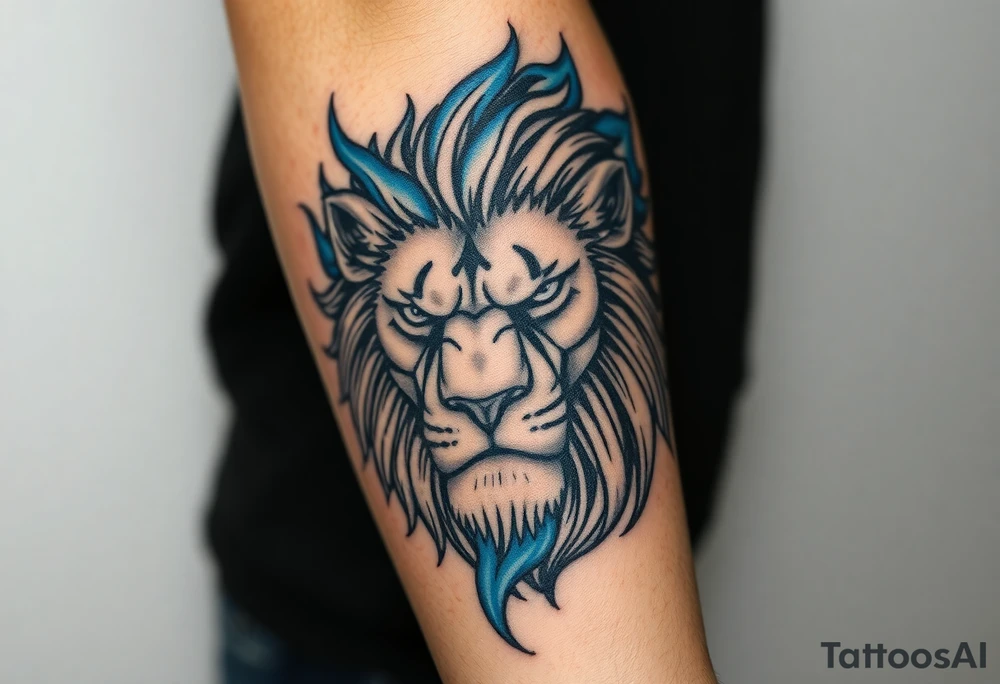 Powerful, fierce stoic lions head, whose mane turns into blue flames that swirl up my arm with blue embers tattoo idea