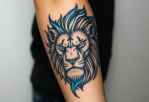Powerful, fierce stoic lions head, whose mane turns into blue flames that swirl up my arm with blue embers tattoo idea