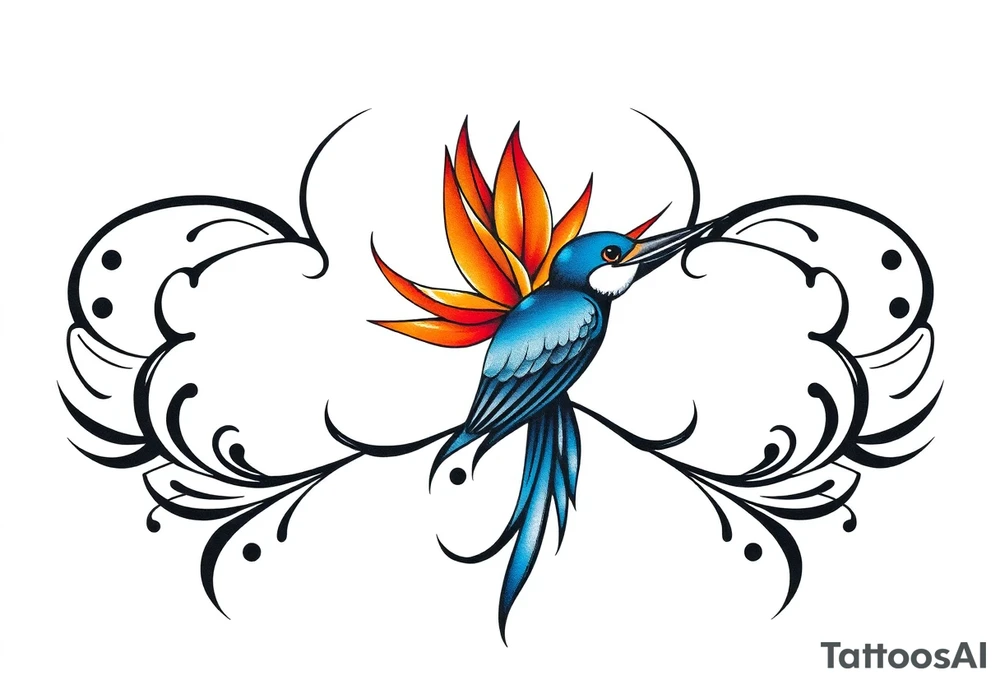 Bird of paradise flower with blue bird tattoo idea