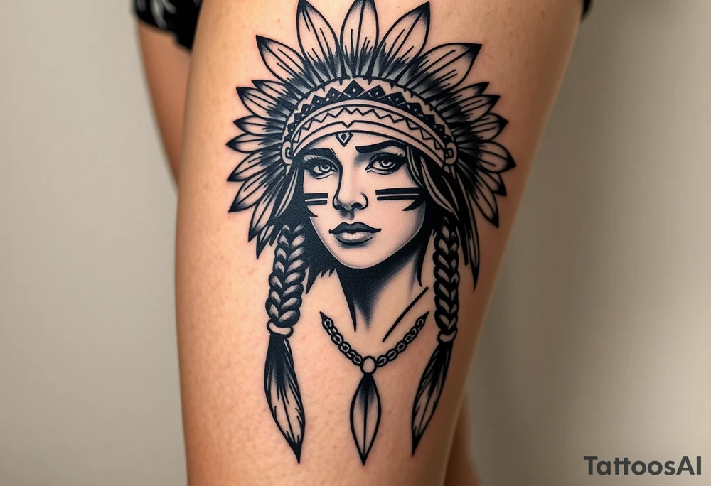 Beautiful, majestic, and noble young native American indian woman with a big bold head dress on and war paint on her face with some kind of background with tribal tattoo idea