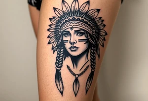 Beautiful, majestic, and noble young native American indian woman with a big bold head dress on and war paint on her face with some kind of background with tribal tattoo idea