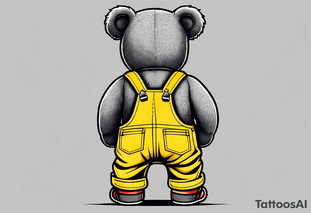 the back of a grey teddy bear standing in yellow overalls, no shirt and striped boots tattoo idea