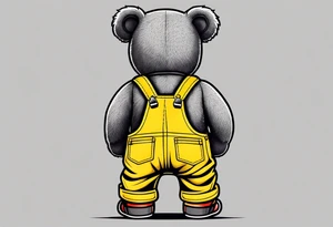 the back of a grey teddy bear standing in yellow overalls, no shirt and striped boots tattoo idea