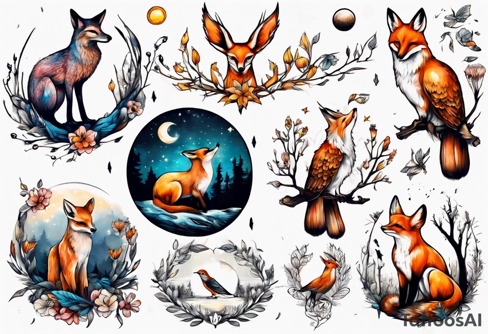 wasser sonne und mond fuchs eule kolibri wald hirsch blume des lebens 
baum berlin tattoo idea