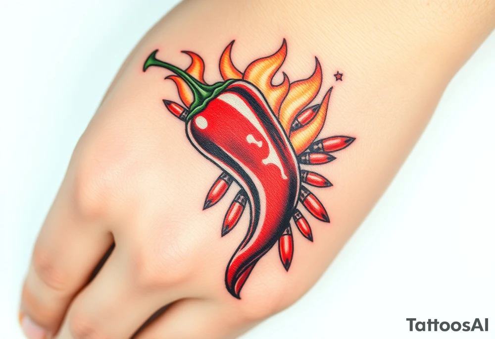 Chili pepper with flames and raining bullets tattoo idea