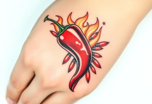Chili pepper with flames and raining bullets tattoo idea