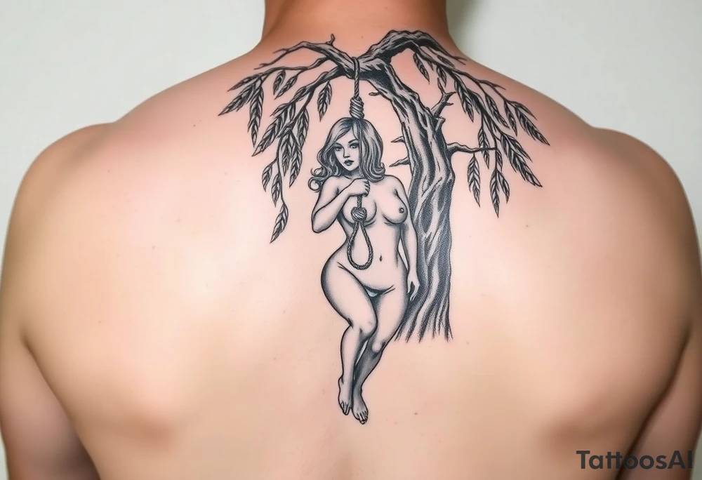 Fat naked sexy woman hanging with a noose around her neck from aweeping willow tree tattoo idea