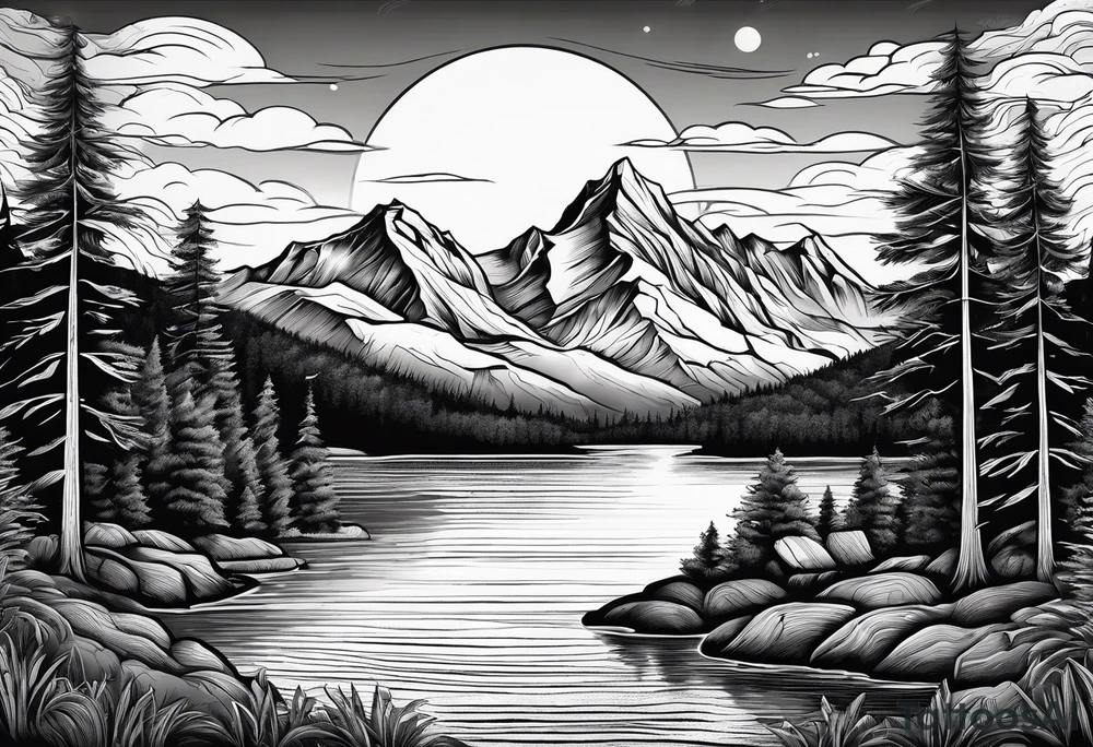 mountains and large trees and large sun with lake at bottom tattoo idea