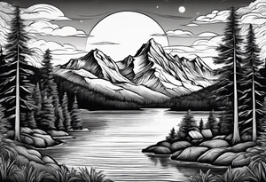 mountains and large trees and large sun with lake at bottom tattoo idea