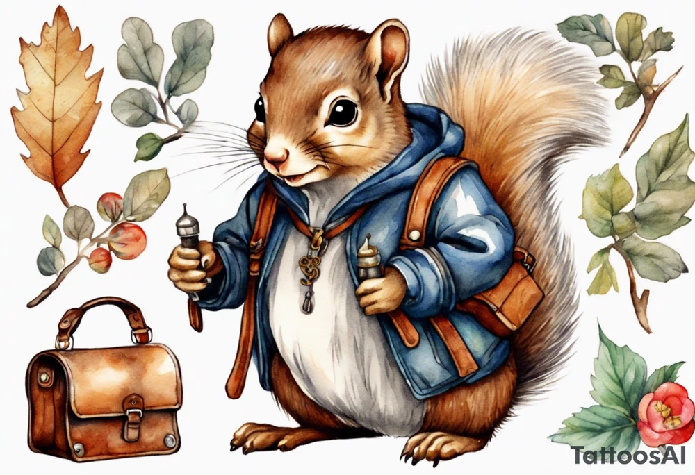medieval grey squirrel with a large leather satchel tattoo idea
