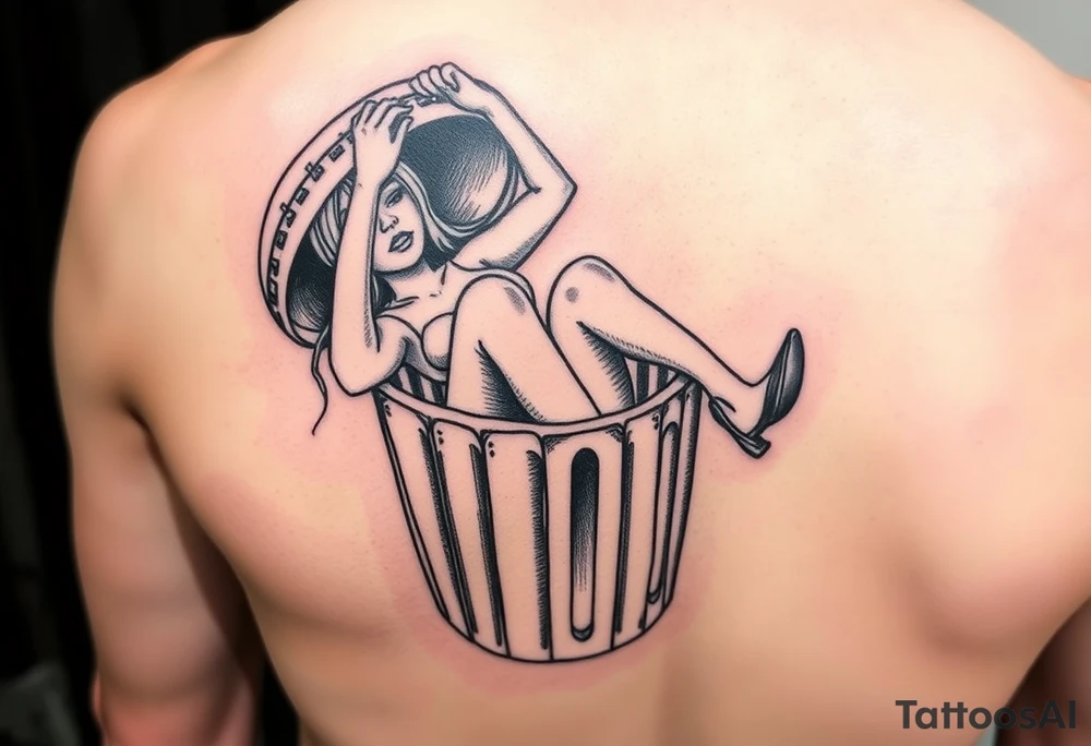 Prostitute hanging out of a trash can 
 dead with high heels and xs where her eyes are tattoo idea