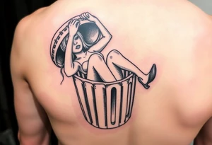 Prostitute hanging out of a trash can 
 dead with high heels and xs where her eyes are tattoo idea