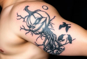 powerful realistic pumpkin head sentinel with vine and stick body, long fingers, surrounded by fog, faded moon in the upper right background with ravens and skulls at the base tattoo idea