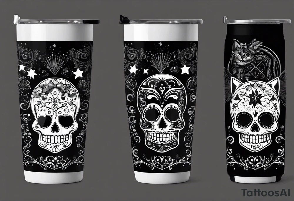 Trick or treat, sugar skull, 20 oz tumbler banner design, candy, minimalist, potions, brew, broom, spellbound, voodoo, cat, poly juice potion, moon, stars, sugar skull tattoo idea