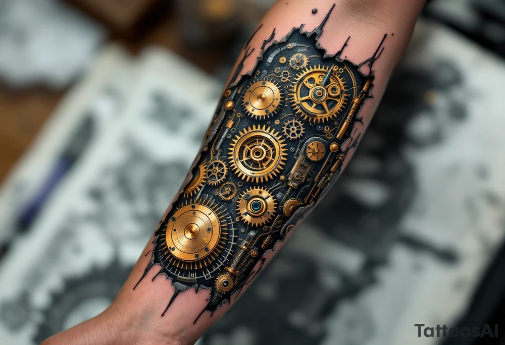 A mechanical full sleeve interface with golden clockwork gears and bronze-plated connectors visible through torn edges. tattoo idea