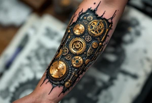 A mechanical full sleeve interface with golden clockwork gears and bronze-plated connectors visible through torn edges. tattoo idea