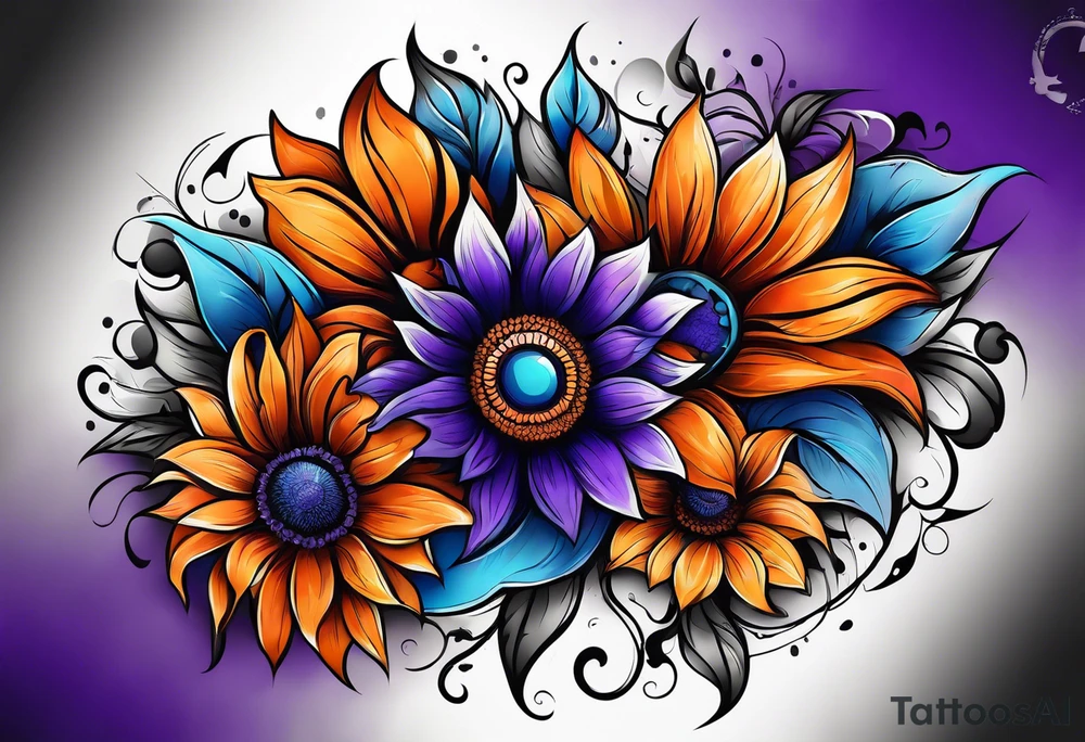 Full leg sleeve with purple, orange and blue sunflowers tattoo idea