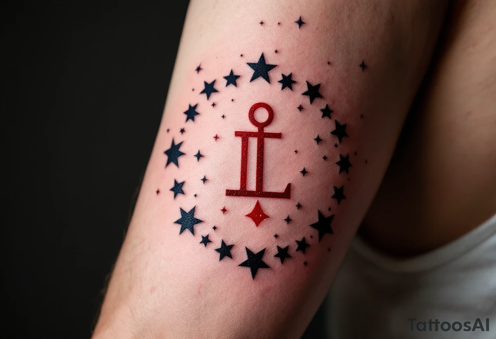 Bold black stars outline the Libra star constellation while a red-ink Libra symbol from the center. tattoo idea