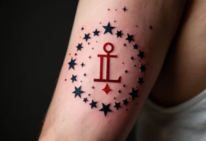 Bold black stars outline the Libra star constellation while a red-ink Libra symbol from the center. tattoo idea