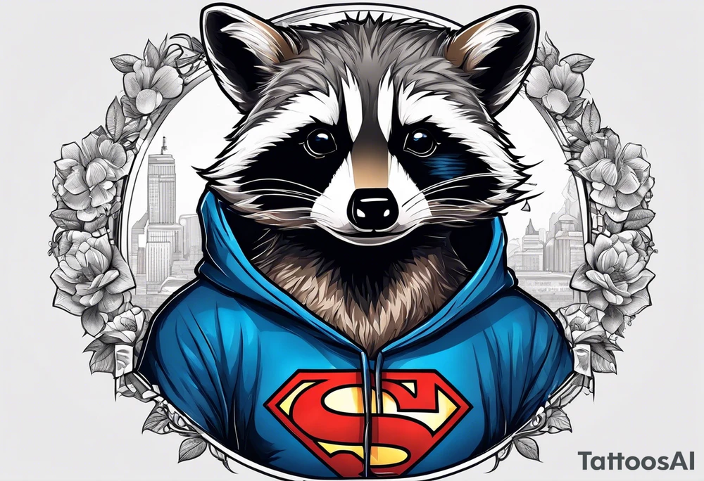 raccoon wearing a Superman hoodie tattoo idea