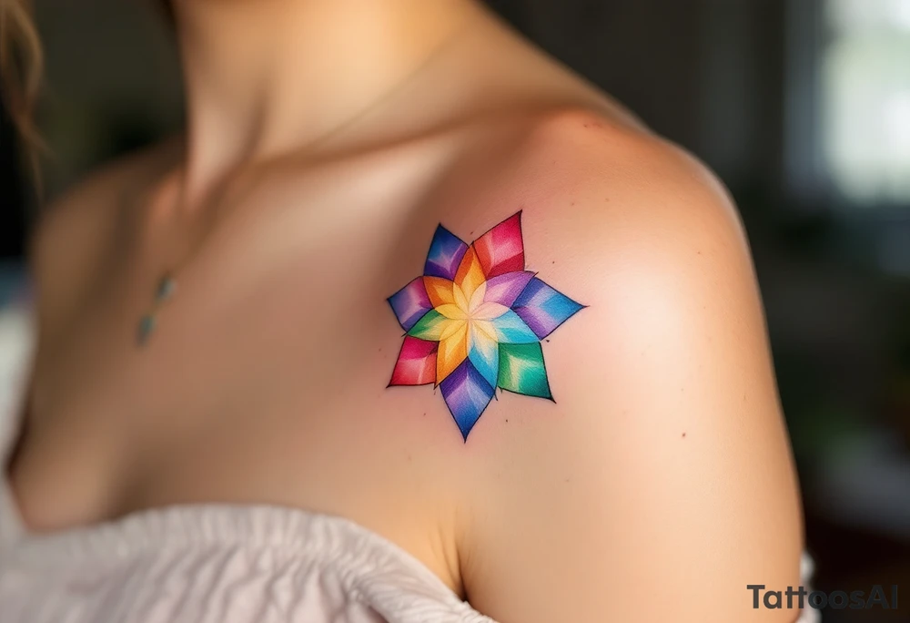 A rainbow-colored eight-pointed star tattoo celebrates inclusivity and universal love on shoulderblade tattoo idea