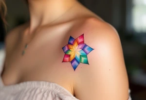 A rainbow-colored eight-pointed star tattoo celebrates inclusivity and universal love on shoulderblade tattoo idea