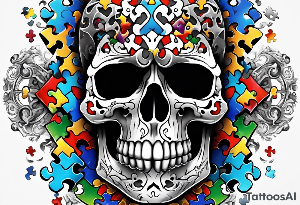 Skull with Autism Awareness Puzzle pieces. tattoo idea