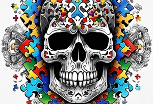 Skull with Autism Awareness Puzzle pieces. tattoo idea