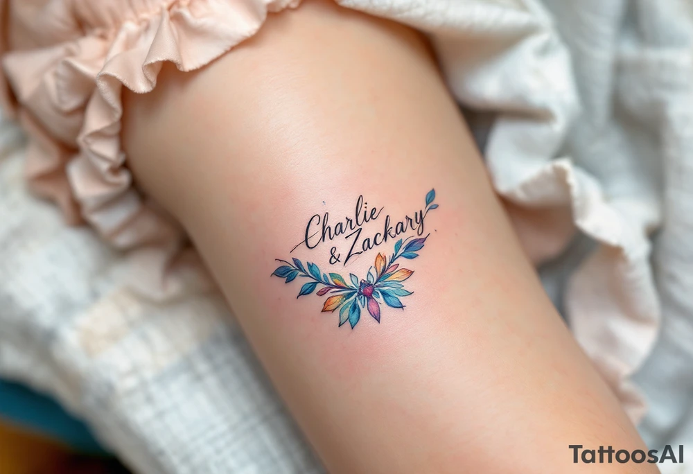 Create a delicate tattoo design that seamlessly integrates the names "Charlie" and "Zackary" in graceful, flowing cursive. Enclose the names within a softly stylized symbol that embodies strength and unity . The overall design should evoke warmth and protection while remaining refined and understated tattoo idea