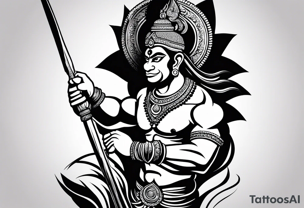 A simplified depiction of Hanuman, focusing on clean lines and minimal detail to capture his essence. Key features like his face, his mace (gada), and his posture could be subtly defined, without overwhelming detail. Avoid intricate textures, focusing more on silhouette and key symbolic elements.

ensure his entire body and tail 
is in the design tattoo idea
