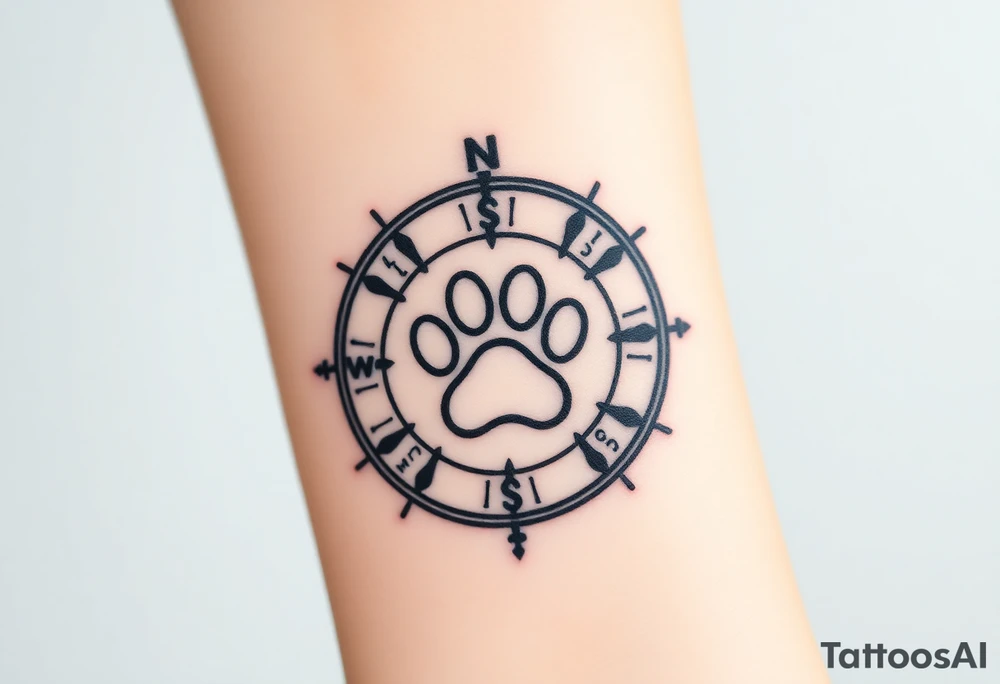 A compass design with a paw print at the center and description PAW PATROL tattoo idea