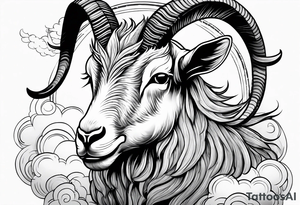 full body goat with kumo clouds in Japanese art style tattoo idea