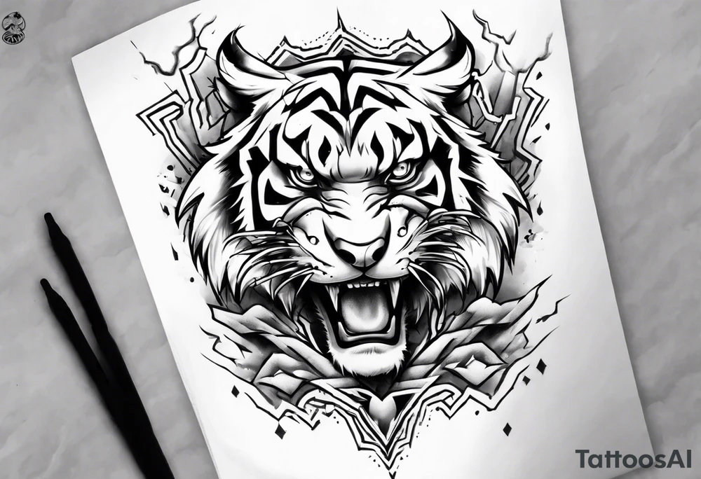 A thundergod tiger forearm sleeve tattoo, with lightning and clouds filling the area tattoo idea