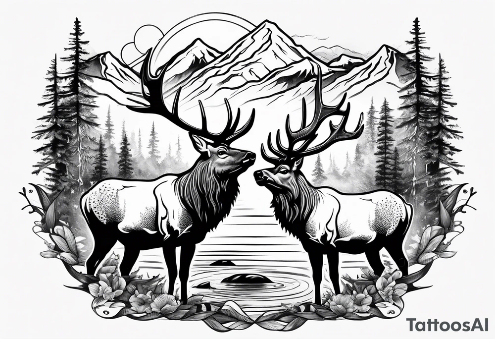 two elk fighting with mountains and stream in background tattoo idea two elk fighting with mountains and stream in background tattoo idea
