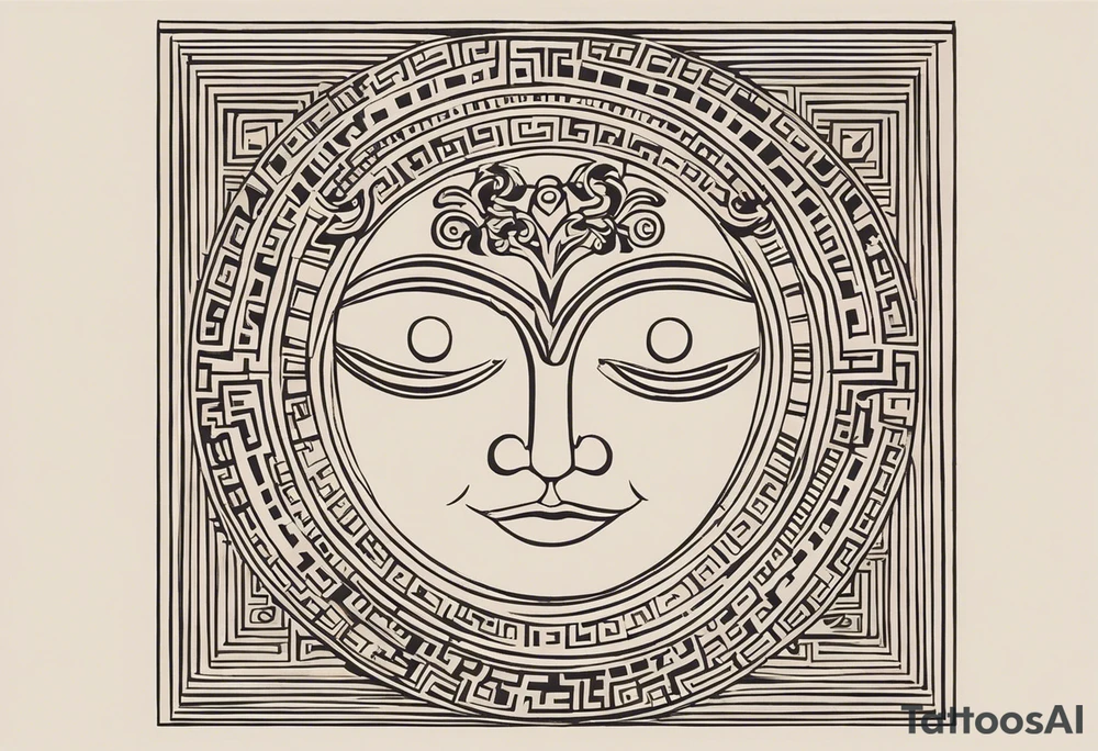 "Craft a minimalist tattoo design in the style of ancient Greek art, featuring Dionysus with his affection for theater. Depict Dionysus in a simplified yet elegant form, reminiscent of classical Greek sculpture, holding a theatrical mask and a goblet of wine. Surround him with subtle geometric patterns or motifs inspired by ancient Greek pottery, such as meanders or key patterns. Ensure the design maintains a minimalist aesthetic while incorporating elements that evoke the sophistication and timelessness of Greek art, capturing Dionysus's connection to both wine and theater in a visually striking manner." tattoo idea