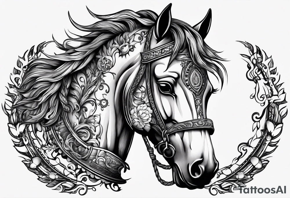 a horse head made out of gears and a flowing mane made out of rope tattoo idea